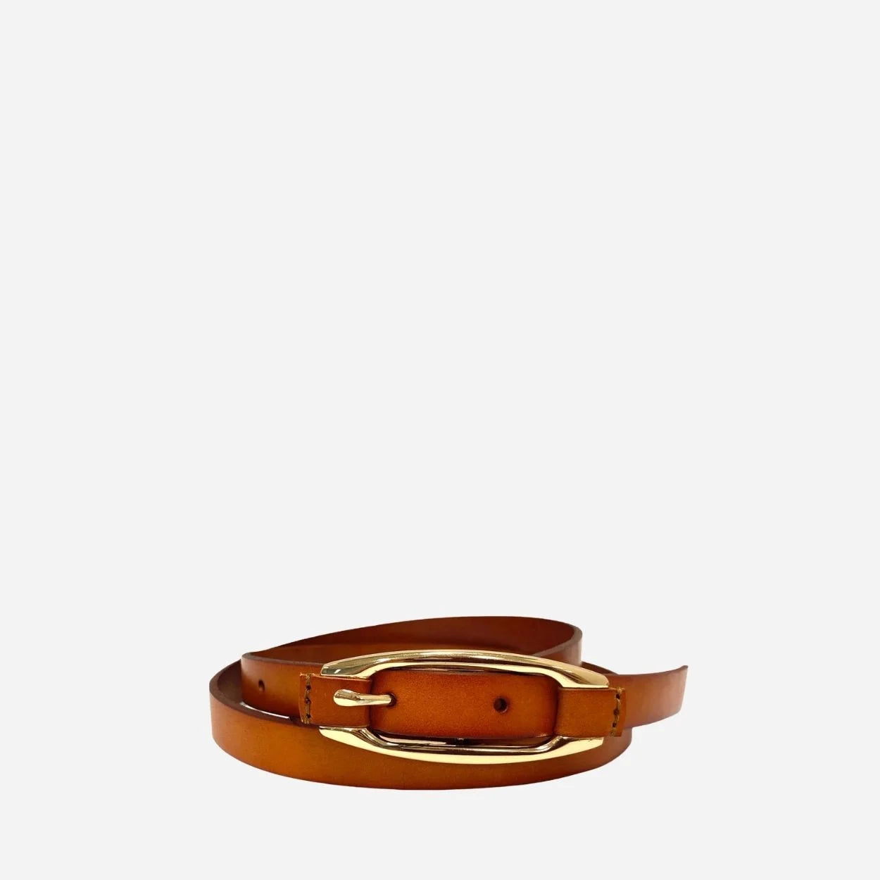 CADIA - Women's Tan Genuine Leather Skinny Belt with Oval Gold buckle