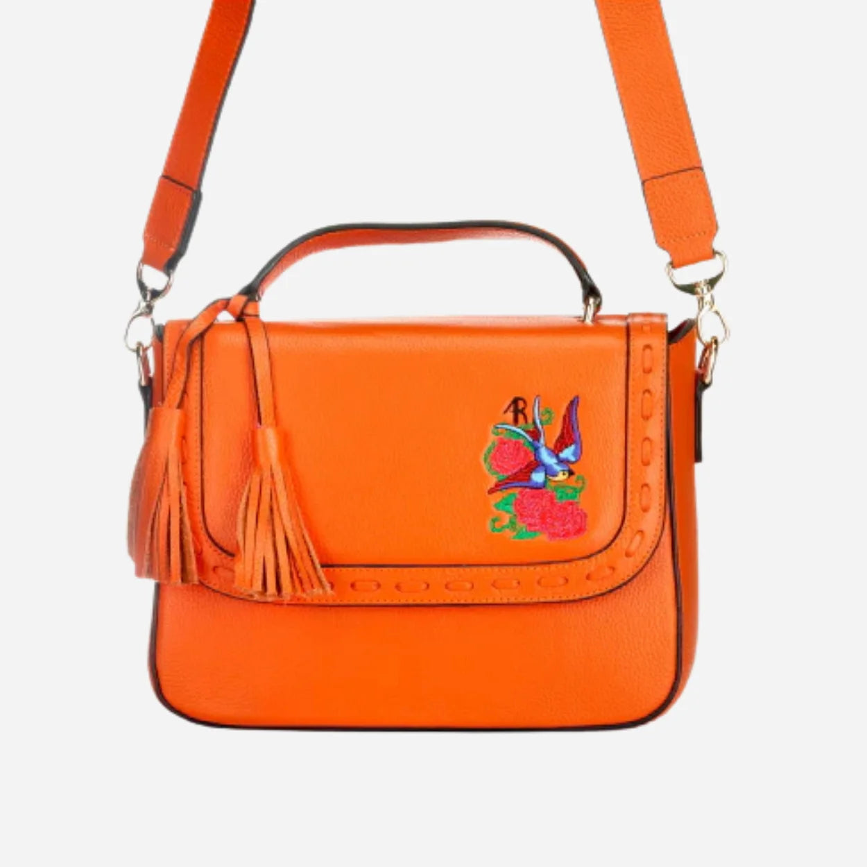 YAMBA - Ladies Embroidered Orange Leather Structured Crossbody Bag
