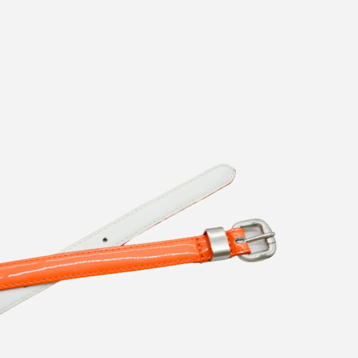 CARRIE - Orange Patent Skinny Leather Belt with Silver Buckle