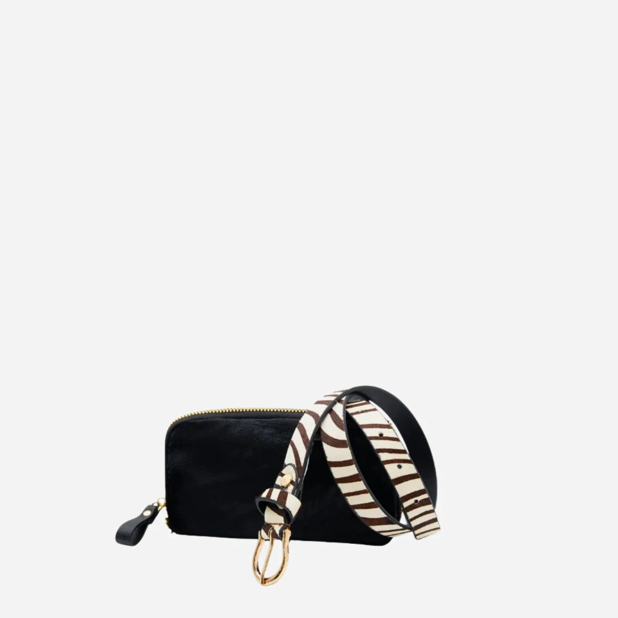 Black wallet with a zebra pattern strap on a white background