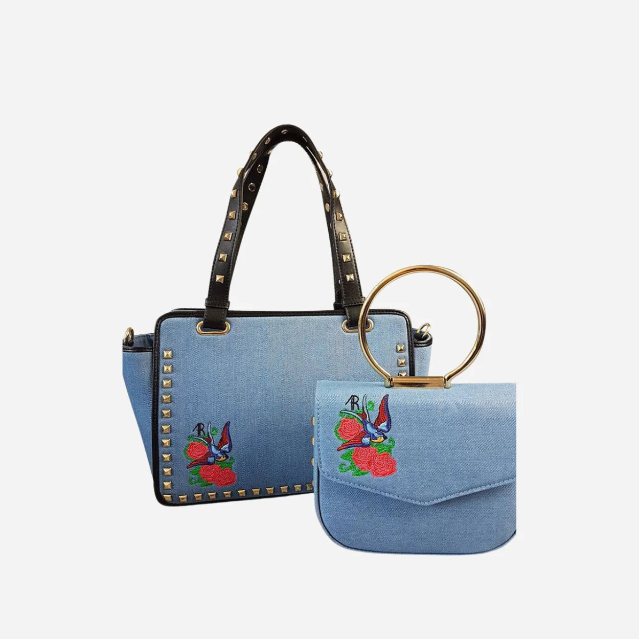 DENMAN - ladies Embroidered Denim Crossbody Bag With Studded Handle