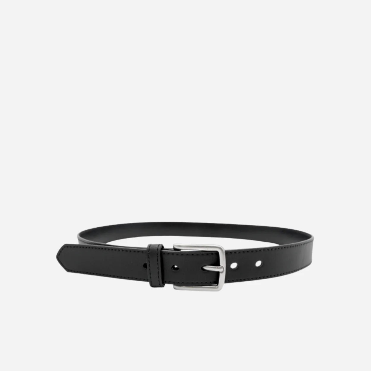GLENDALE - Women's Black Genuine Leather Skinny Belt with Brushed Silver Buckle