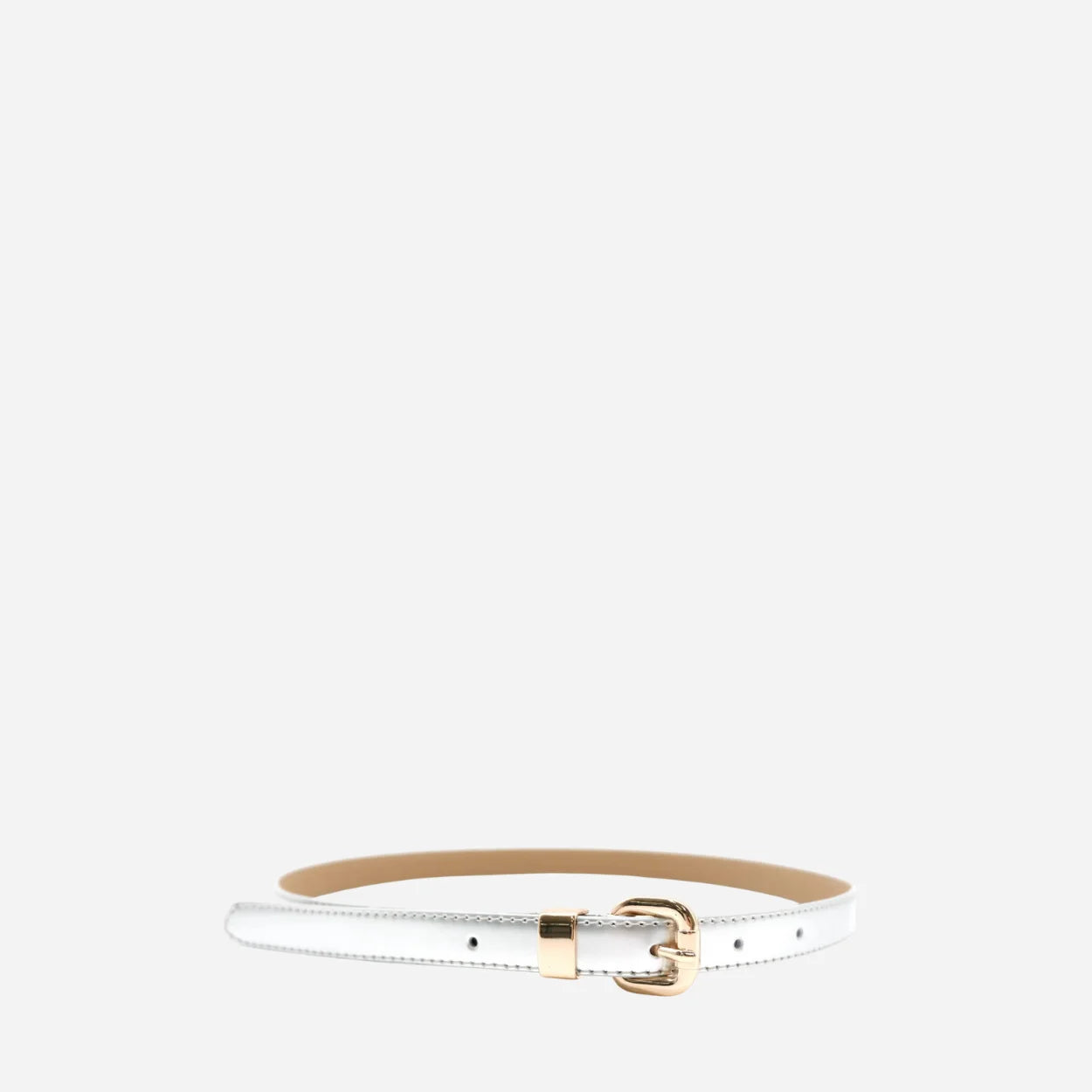 Queens Park - Womens Skinny Silver Patent Leather Belt with Gold Buckle
