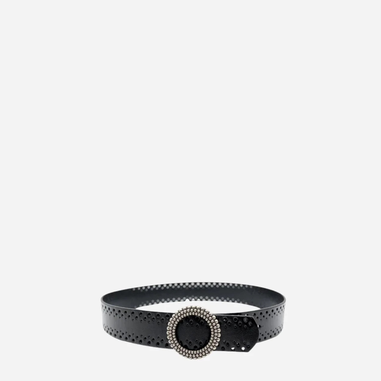 IRIS - Women's Black Genuine Leather Belt with Round Silver buckle