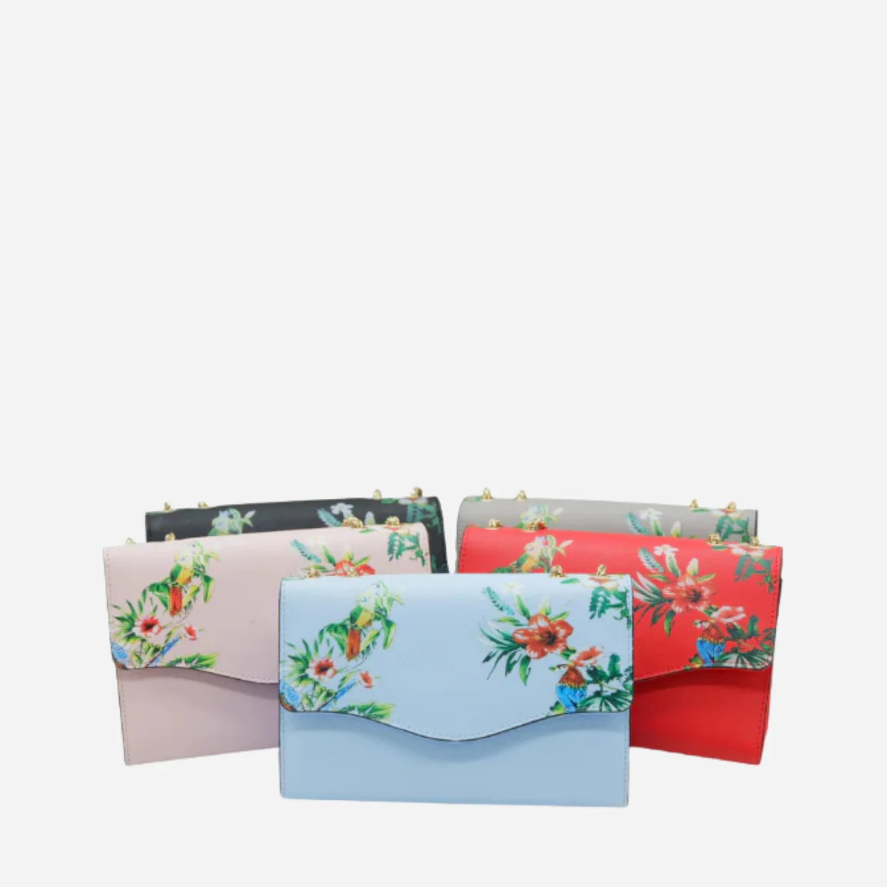 IVANHOE - Addison Road Blue Leather Clutch Bag with Tropical Print - BeltNBags