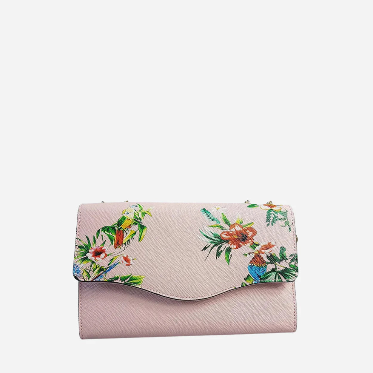 IVANHOE - Addison Road Blush Leather Clutch Bag with Tropical Print - BeltNBags