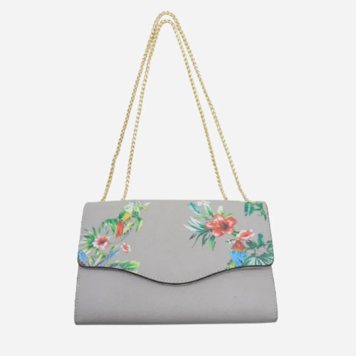 IVANHOE - Addison Road Taupe Leather Clutch Bag with Tropical Print