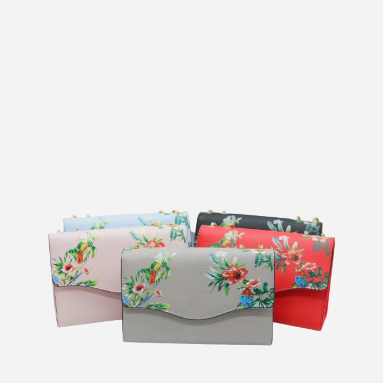 IVANHOE - Addison Road Taupe Leather Clutch Bag with Tropical Print - BeltNBags