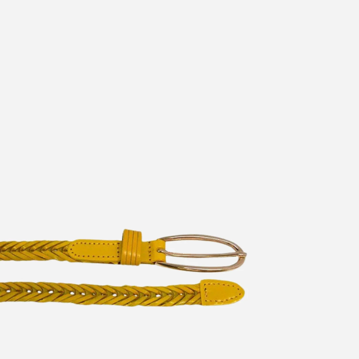 KELLY - Women's Skinny Yellow Plaited Leather Belt with Gold Oval Buckle - BeltNBags