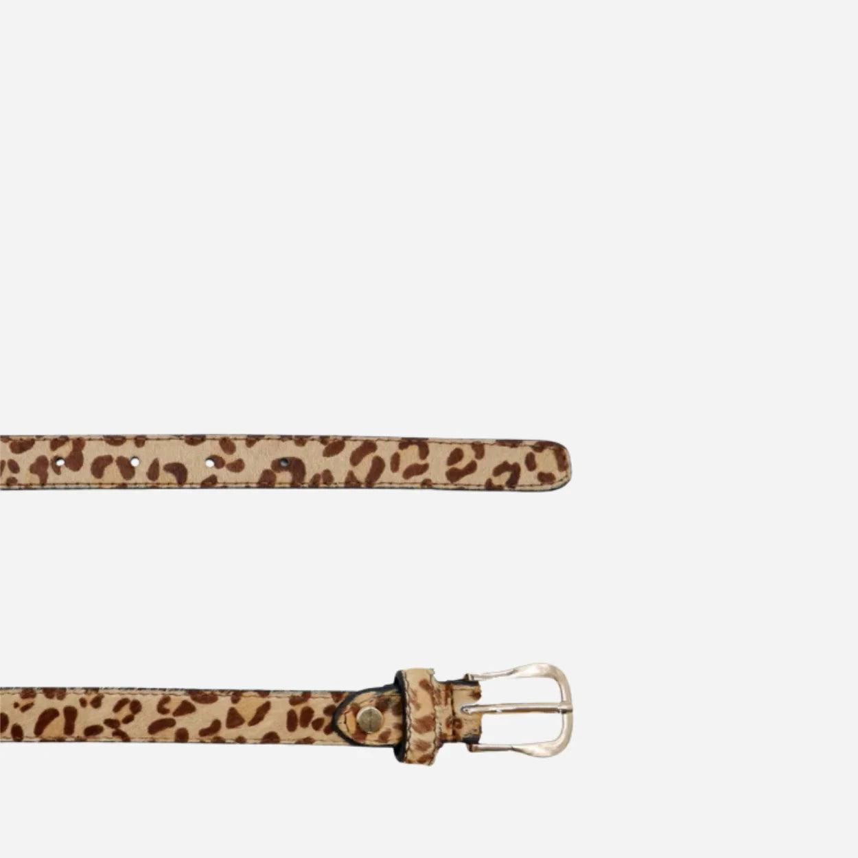 Maggie Leopard print belt with a gold buckle on a light gray background