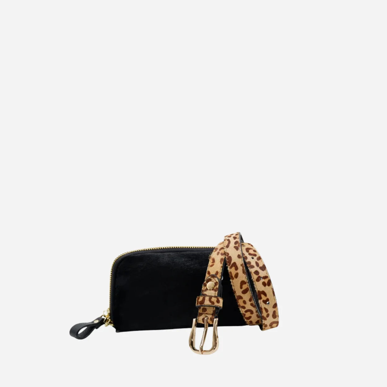 Black carmichael with a leopard print Maggie belt strap on a white background