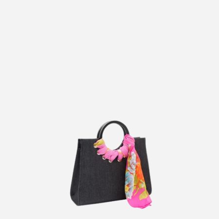 QUEENSCLIFF - Charcoal Denim Ring Handle Bag with Scarf