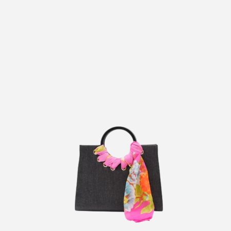 QUEENSCLIFF - Charcoal Denim Ring Handle Bag with Scarf