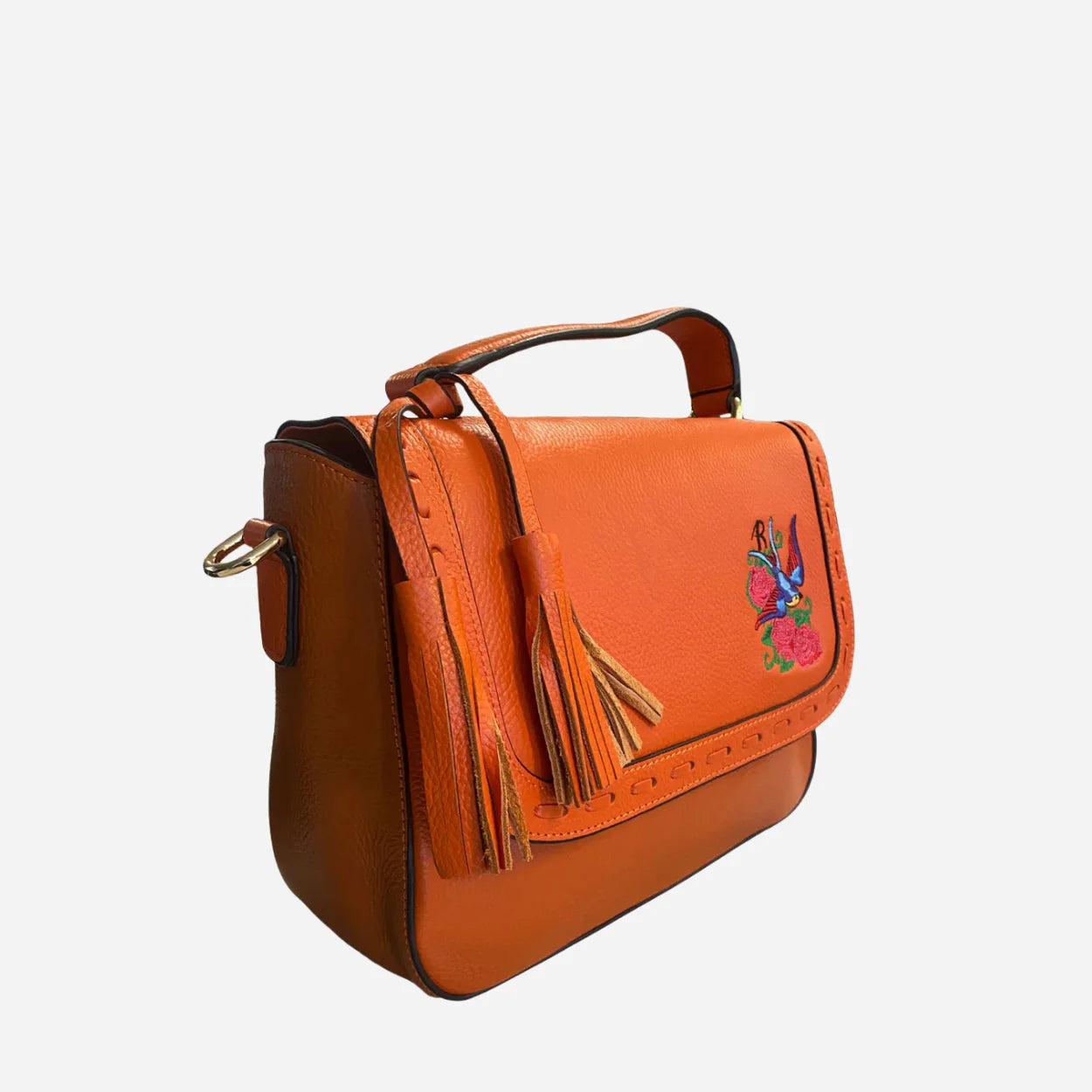 YAMBA - Ladies Embroidered Orange Leather Structured Crossbody Bag
