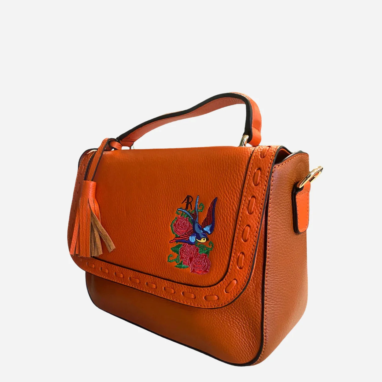 YAMBA - Ladies Embroidered Orange Leather Structured Crossbody Bag