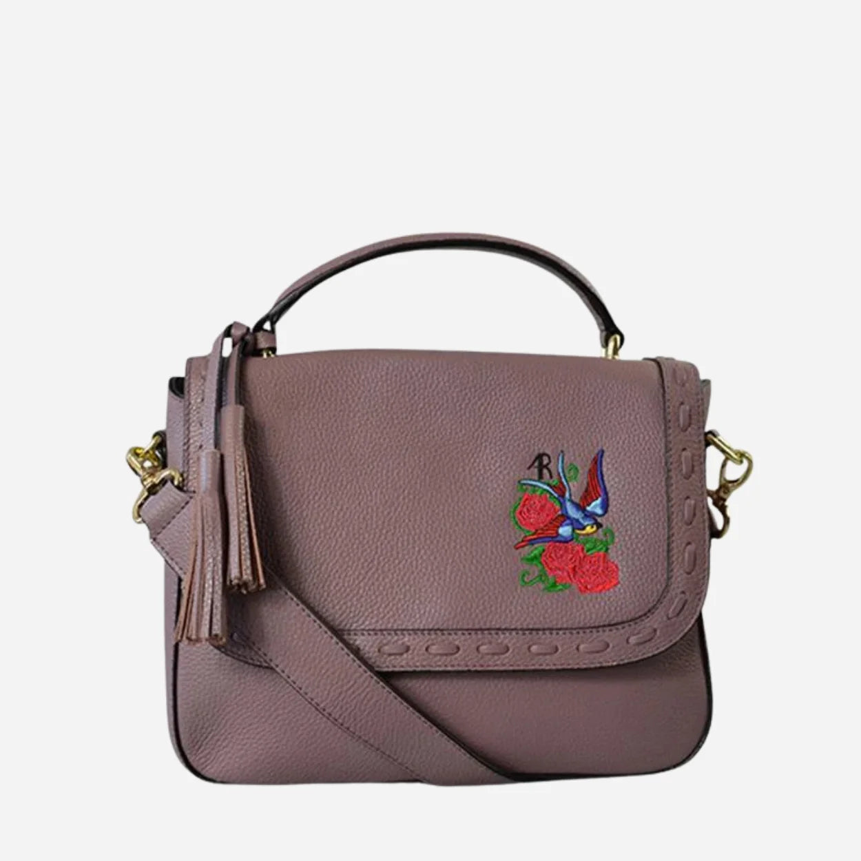 YAMBA - Addison Road Embroidered Lilac Pebbled Leather Structured Crossbody  Bag