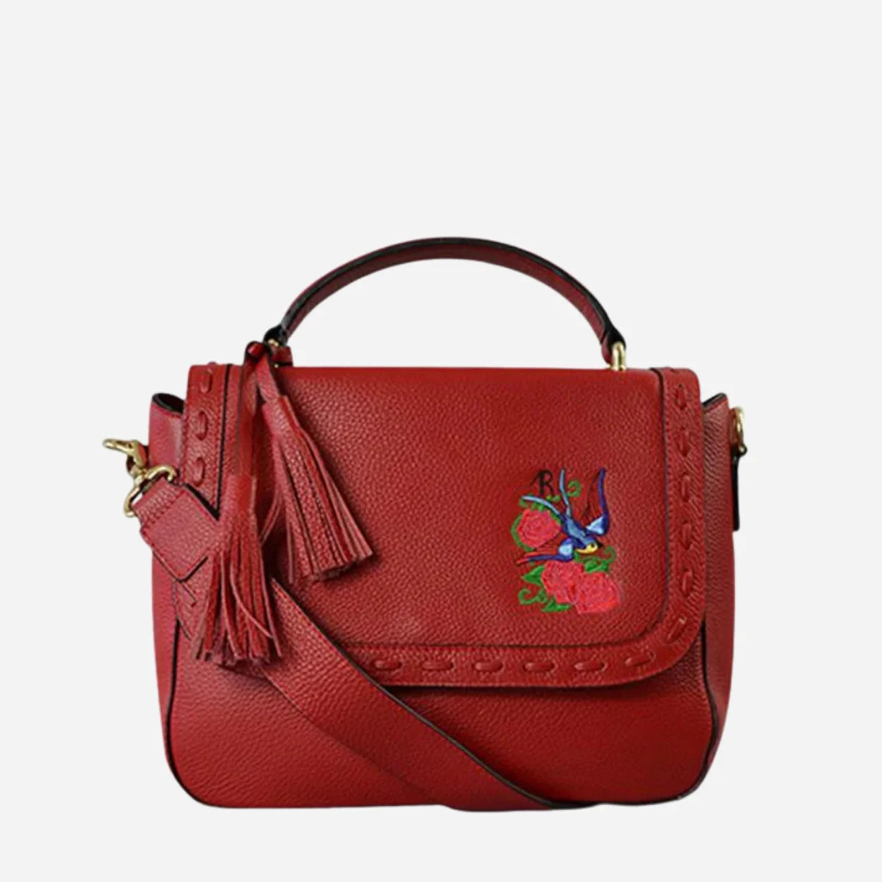 YAMBA - Addison Road Embroidered Red Pebbled Leather Structured Crossbody Bag