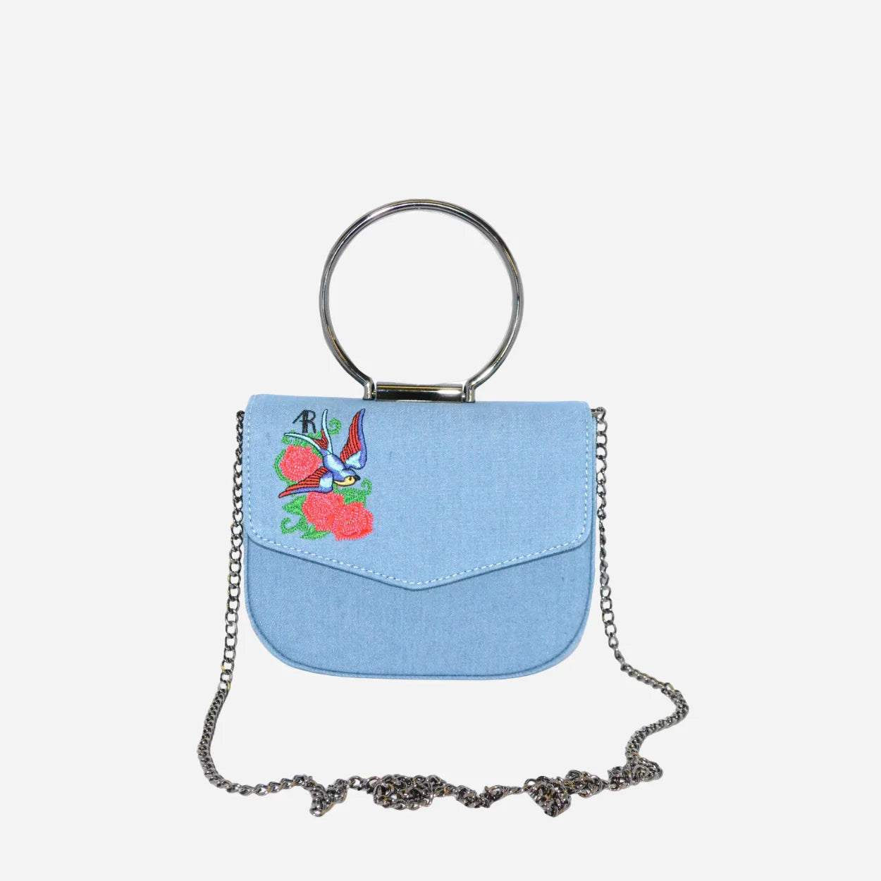 ABERMAIN - Denim Chain Ring Clutch Bag With Embroidery - BeltNBags