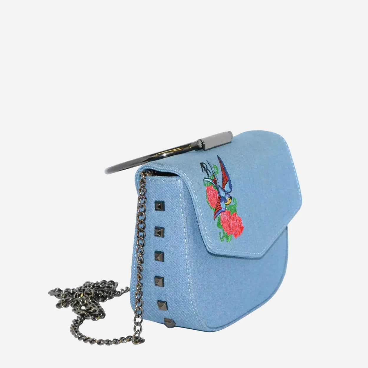 ABERMAIN - Denim Chain Ring Clutch Bag With Embroidery - BeltNBags