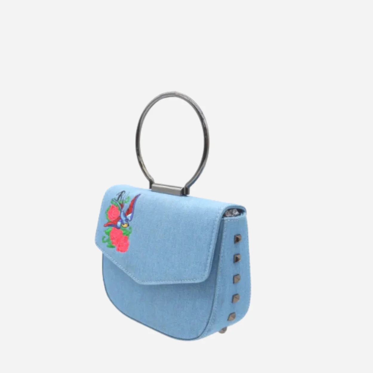 ABERMAIN - Denim Chain Ring Clutch Bag With Embroidery - BeltNBags