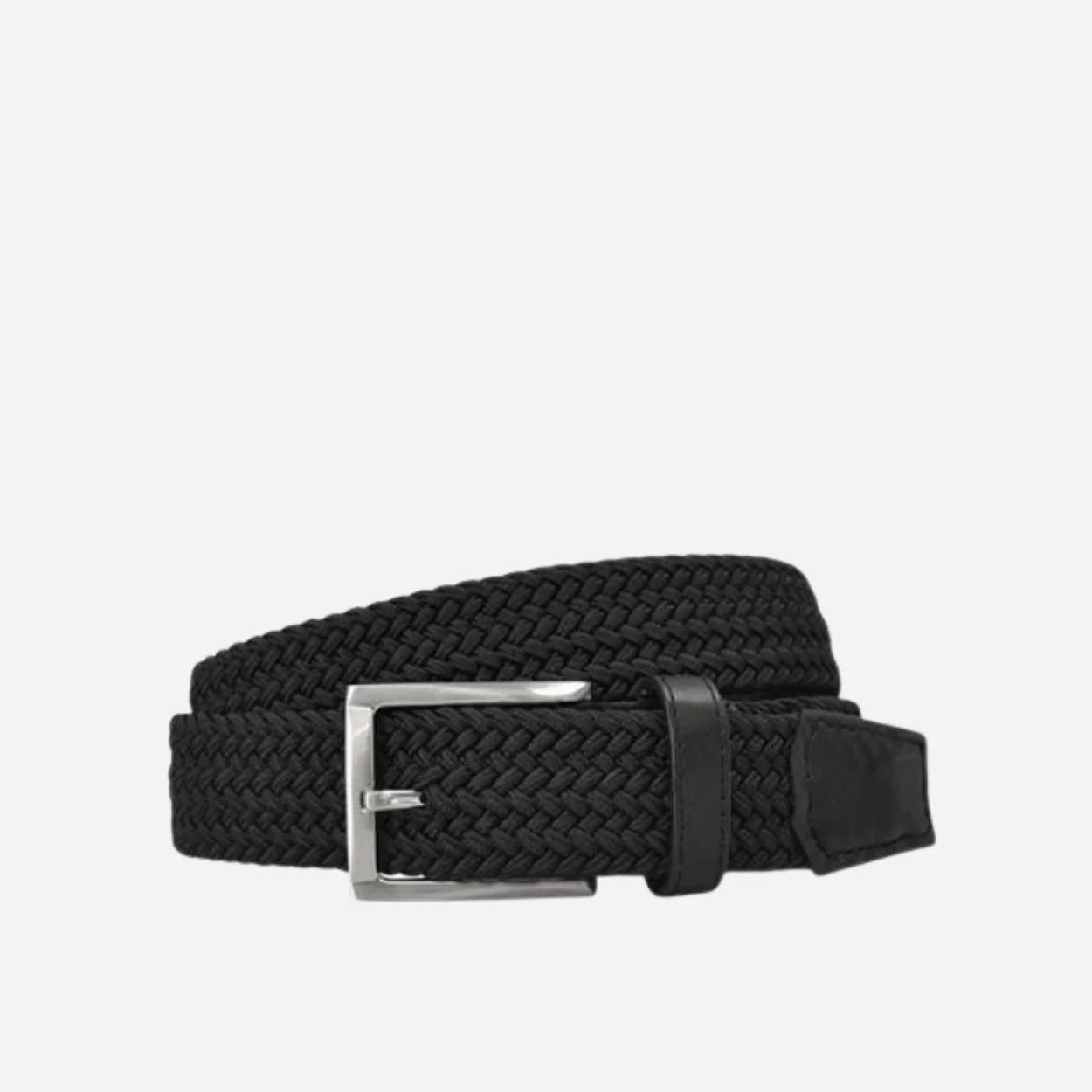 ALEC - Mens Cotton Woven Black Elastic Stretch Belt with Silver Buckle - BeltNBags