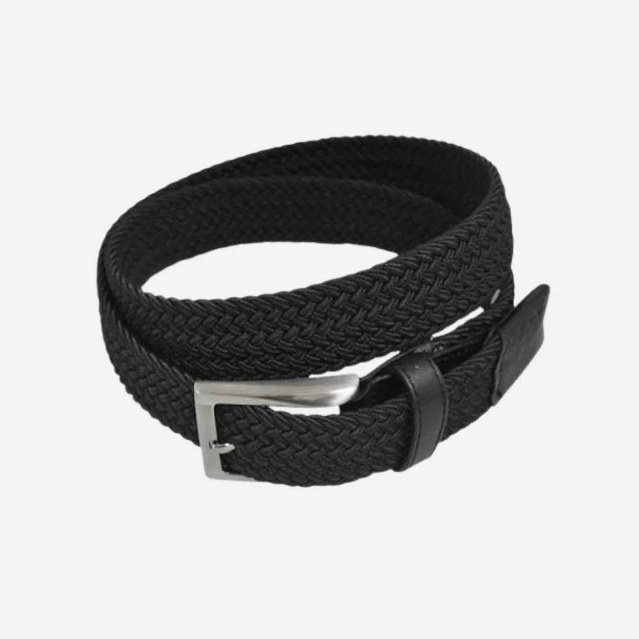 ALEC - Mens Cotton Woven Black Elastic Stretch Belt with Silver Buckle