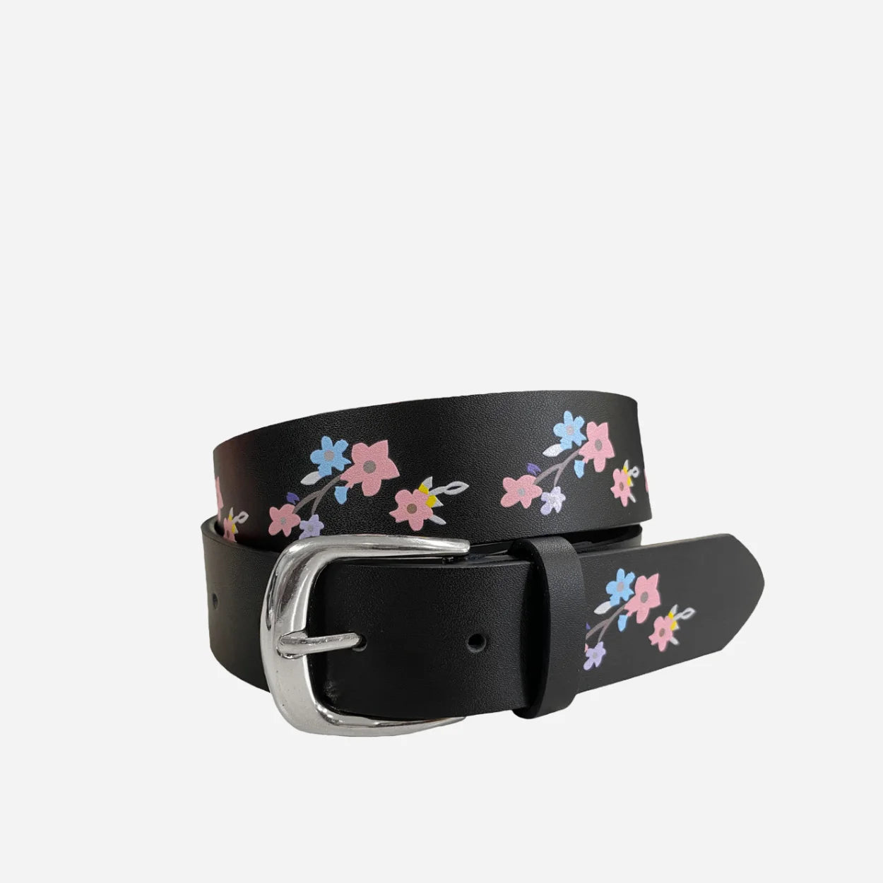 ARIA - Girls Black Genuine Leather Flower Belt with Square Silver Buckle