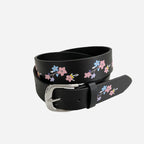 ARIA - Girls Black Genuine Leather Flower Belt with Square Silver Buckle