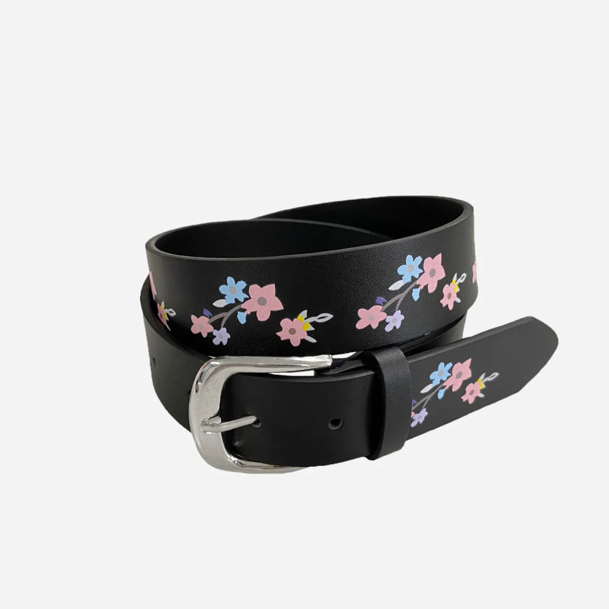 ARIA - Girls Black Genuine Leather Flower Belt with Square Silver Buckle