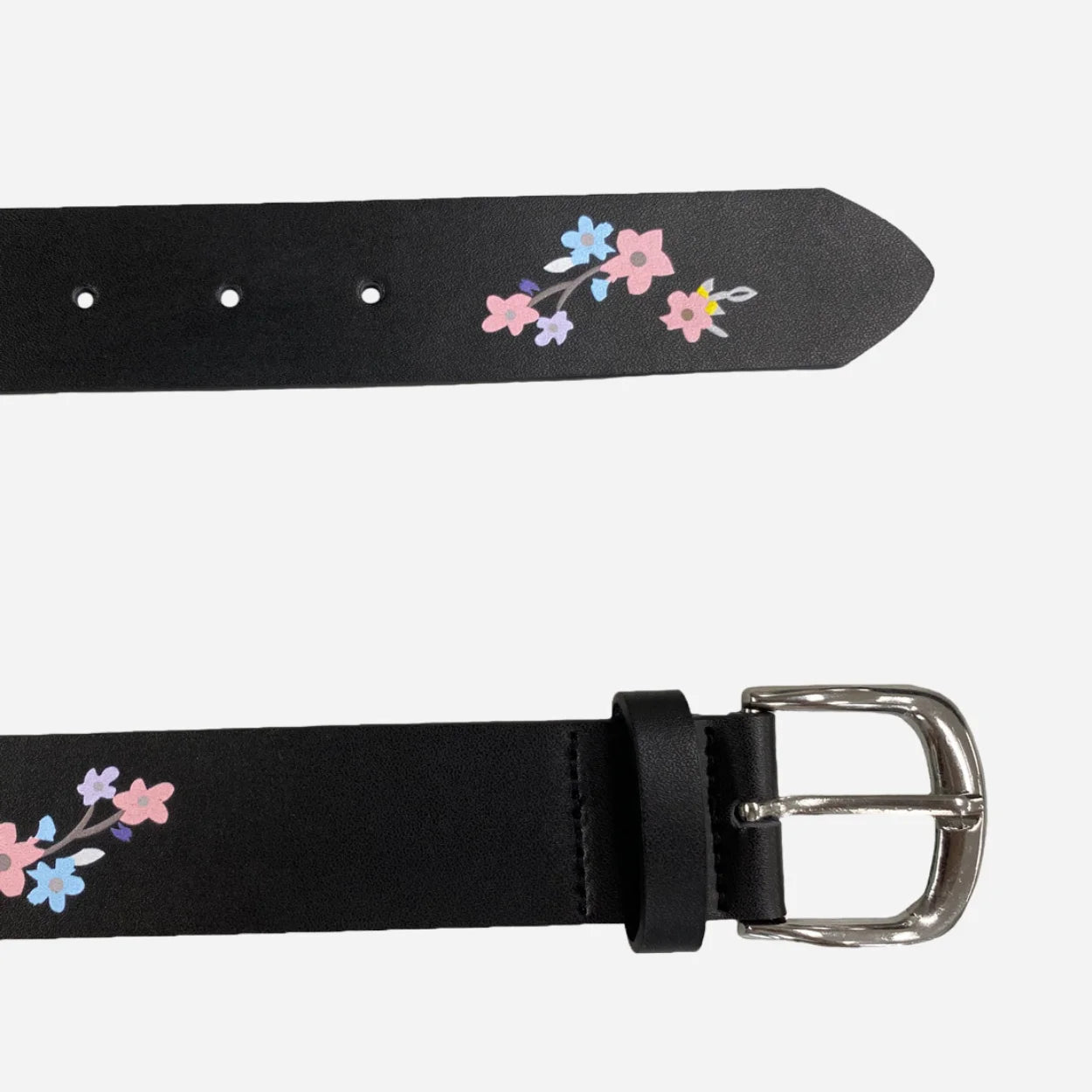 ARIA - Girls Black Genuine Leather Flower Belt with Square Silver Buckle
