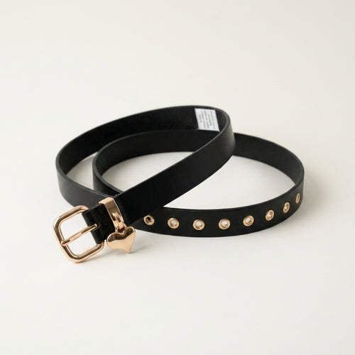 Adair Women's Black Belt with Gold Buckle & Heart Charm