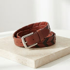 Archer Chevron Woven Men's Brown Leather Belt with Polished Silver Buckle - BeltNBags