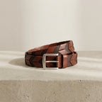 Archer Chevron Woven Men's Brown Leather Belt with Polished Silver Buckle - BeltNBags