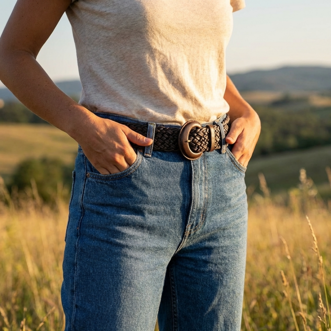 BELINDA - Womens Chocolate Leather Plaited Belt - BeltNBags