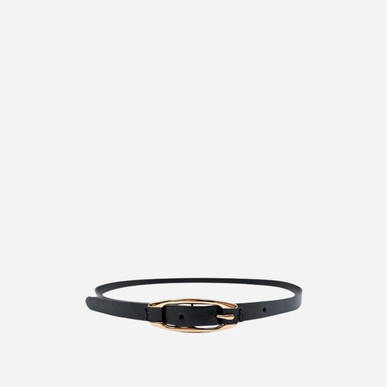 CADIA - Women's Black Genuine Leather Skinny Belt with Oval Gold buckle