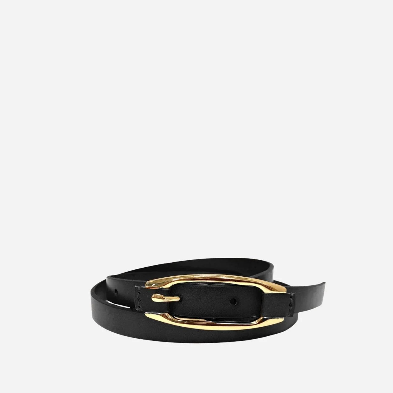 CADIA - Women's Black Genuine Leather Skinny Belt with Oval Gold buckle