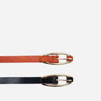 CADIA - Women's Black Genuine Leather Skinny Belt with Oval Gold buckle