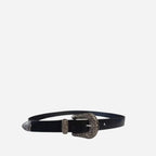 CAMDEN - Women's Leather Black genuine Belt with Silver Floral Embossed Metal - BeltNBags