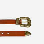 Women's Lux genuine Leather Brown Western Belt with Gold Floral Embossed Metal