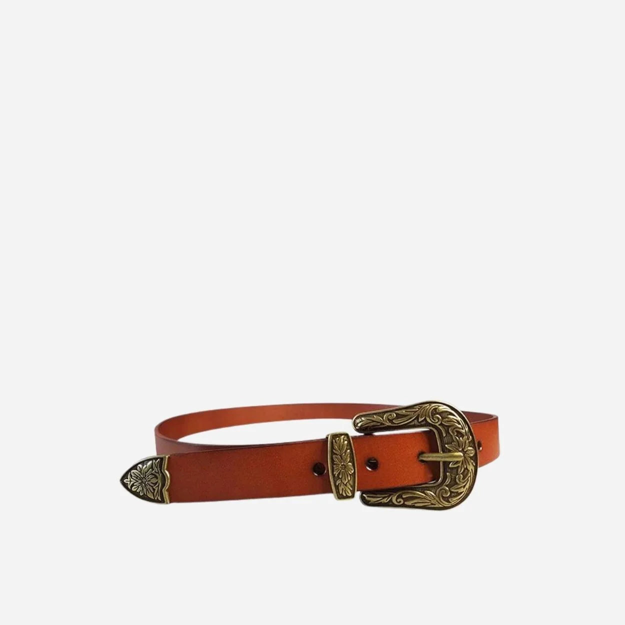 CAMDEN - Women's Lux genuine Leather Brown Western Belt with Gold Floral Embossed Metal