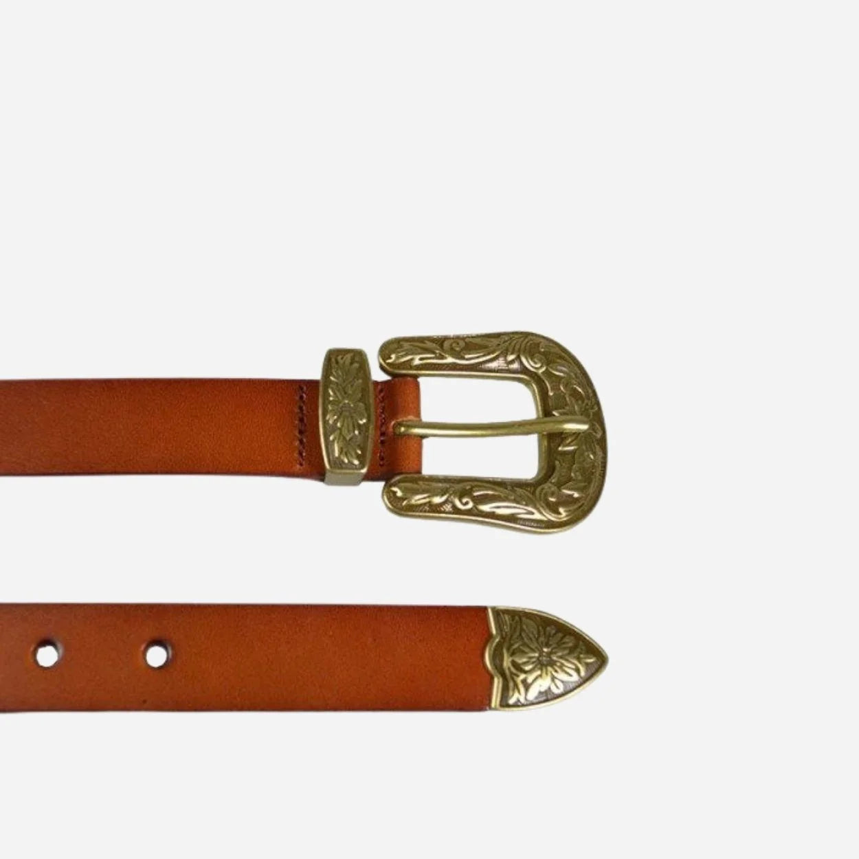CAMDEN - Women's Lux genuine Leather Brown Western Belt with Gold Floral Embossed Metal