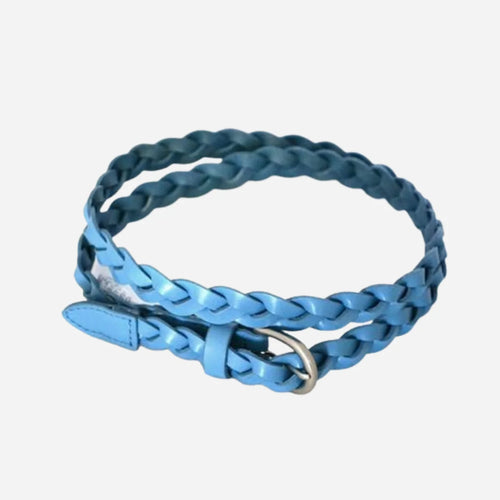 CAROL - Womens Light Blue Genuine Leather Skinny Plaited Belt