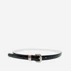 CARRIE - Womens Black Patent Skinny Leather Belt with Silver Buckle - BeltNBags