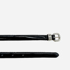 CARRIE - Womens Black Patent Skinny Leather Belt with Silver Buckle - BeltNBags