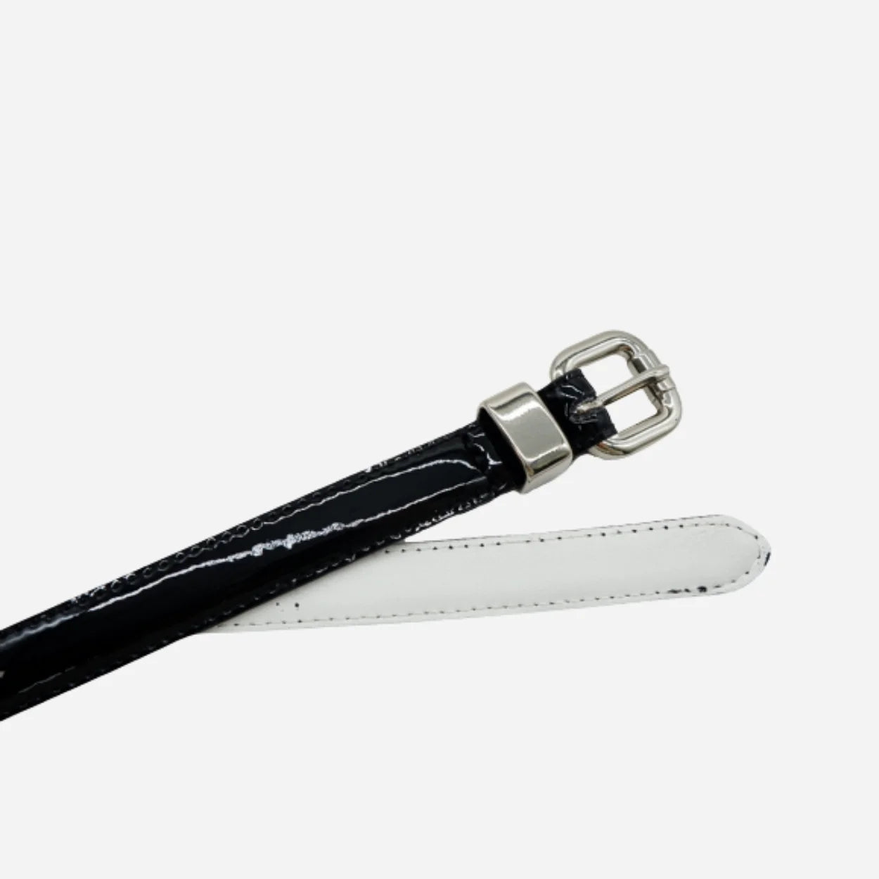 CARRIE - Womens Black Patent Skinny Leather Belt with Silver Buckle