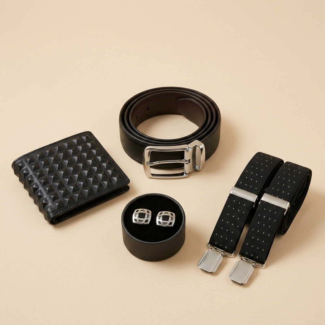 Men's Black 4-Piece Gift Set | ROMEO Belt, LACHLAN Wallet, Braces & Cufflinks