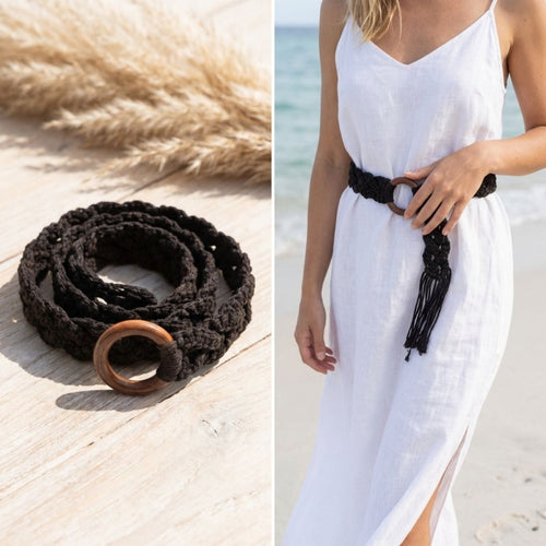 Clovelly Boho Braided Belt – Dark Brown & Cream Woven Belt for Women - BeltNBags