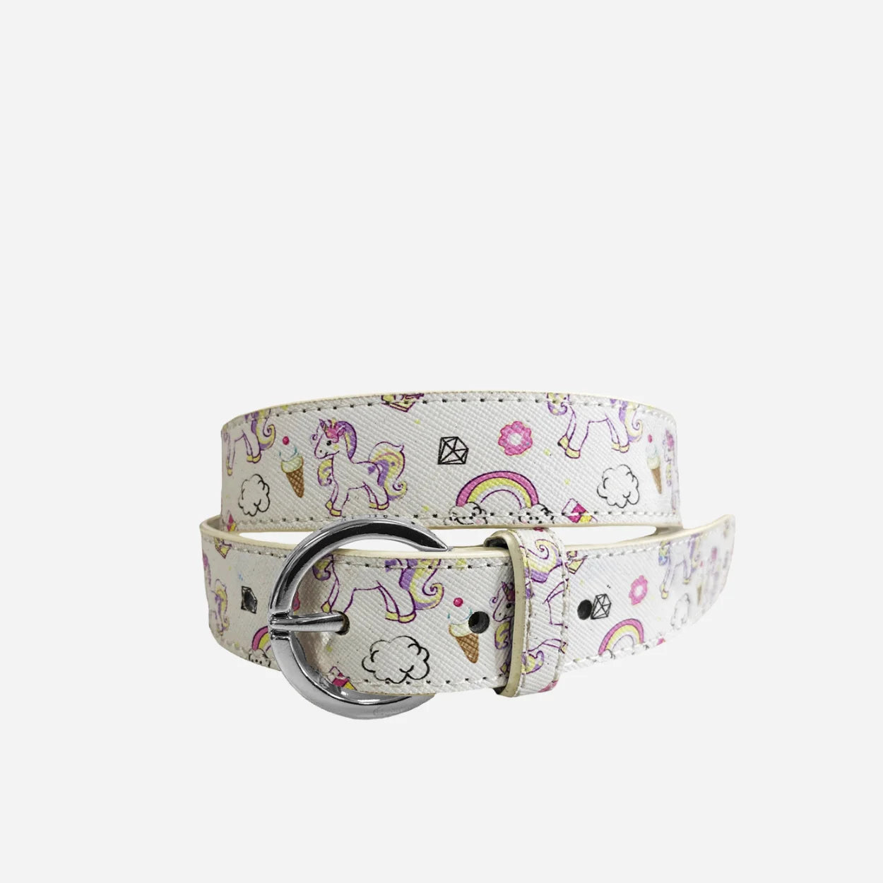 EMILY- Girls White Genuine Leather Flower Belt with Silver Buckle