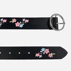 HARPER - Girls Black Genuine Leather Flower Belt with Silver Buckle