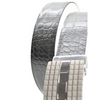 lose-up of Esplanade belt’s embossed black leather side and silver reversible buckle.